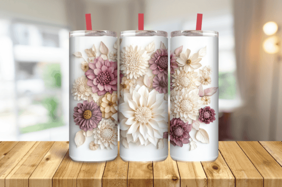 3D Cream Burgundy Flowers 20 Oz Skinny Tumbler Sublimation Design