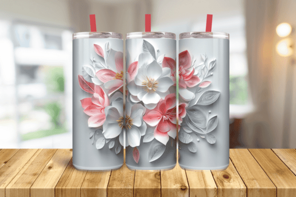 3D Pink Embroidered Flowers 20 Oz Skinny