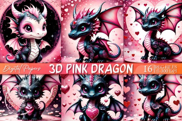 3D Pink Valentine Dragon Scrapbook Paper