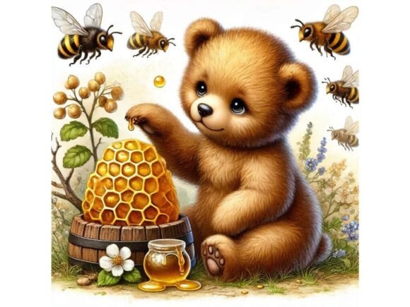 Discover the Versatility of a 3D Baby Bear Cub with Honeycomb and Bee Clipart