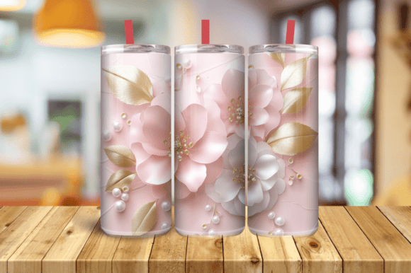 Elevate Your Tumbler Designs with 3D Blush Pink Gold Flowers and Pearls 20oz Skinny Tumbler Sublimation Wrap