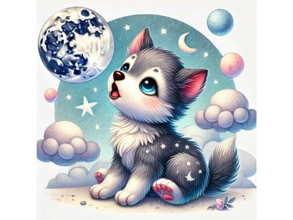 Strategic Use of a 3D Baby Wolf with Moon and Star Pattern for Creative and Commercial Projects